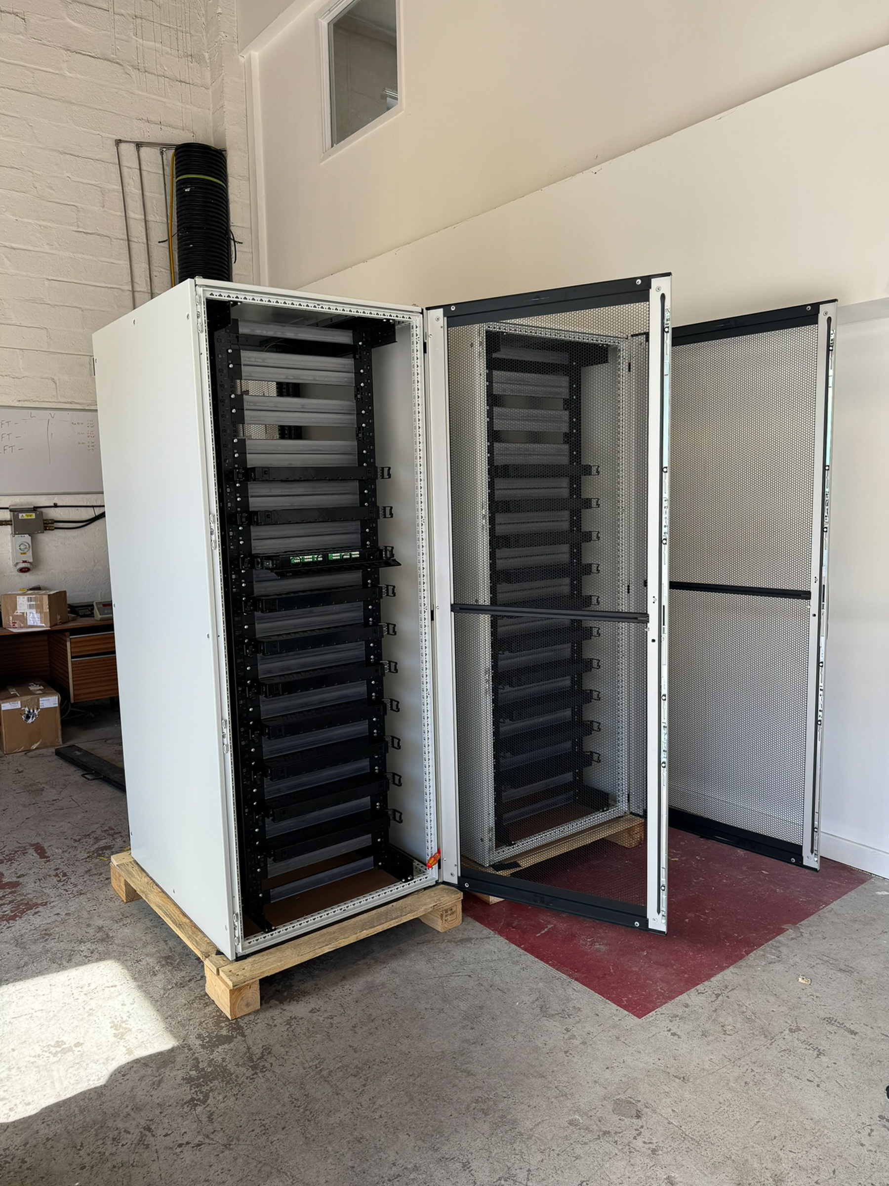 Open ODF cabinets showing the installed fibre distribution units
