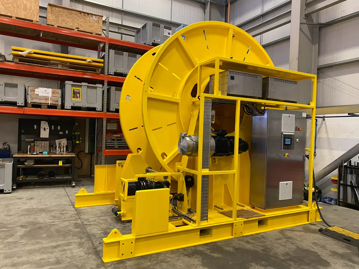 Completed yellow VFD-controlled umbilical reeler in the workshop