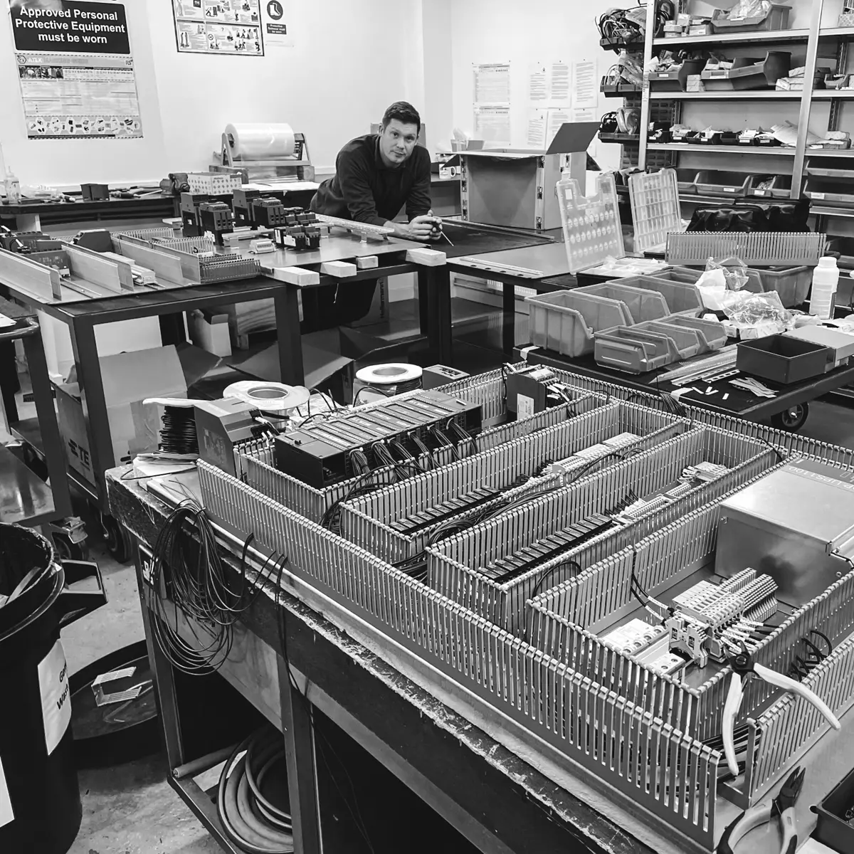 VFD reeler control panels being wired in the workshop