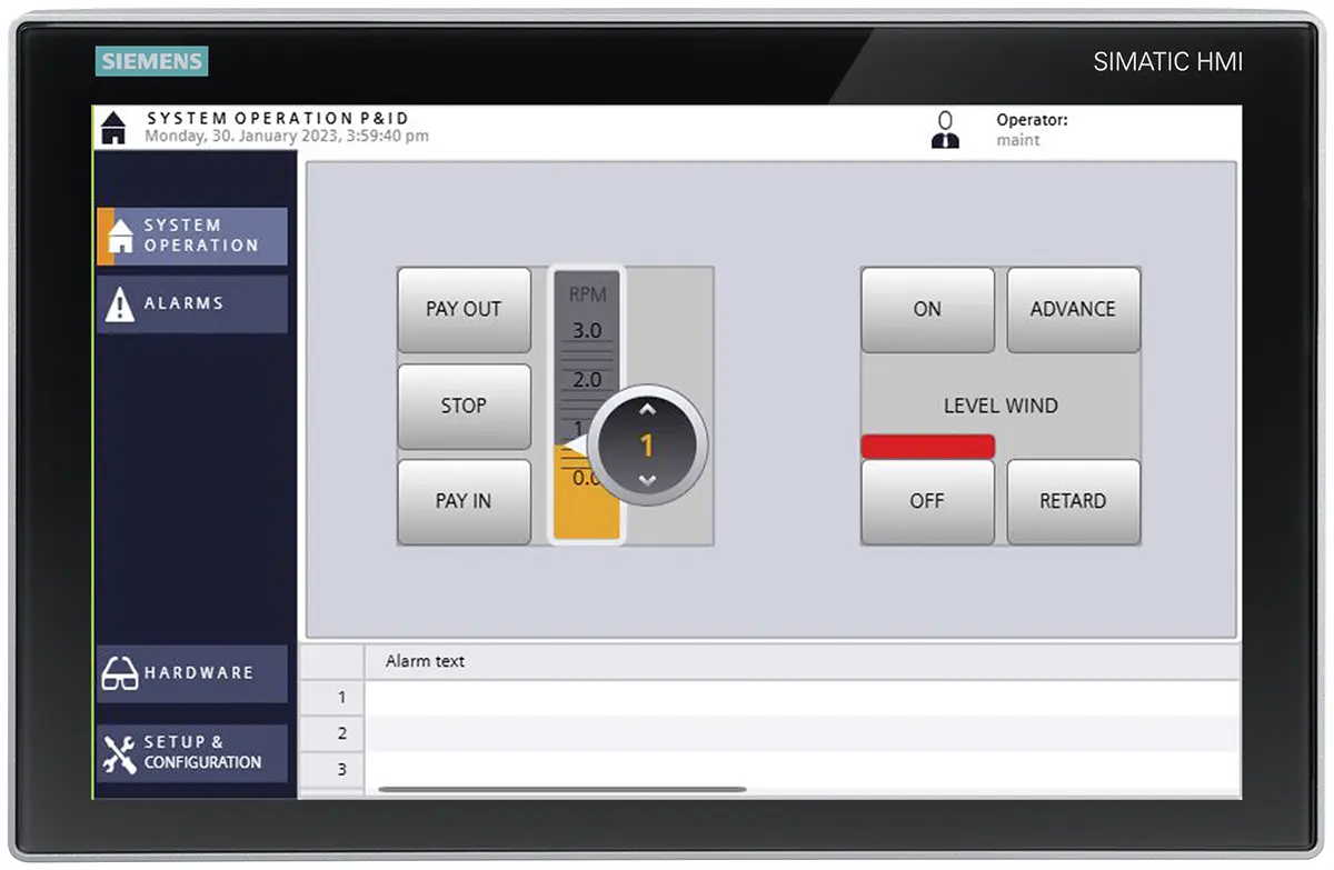Reeler HMI showing speed, tension and level-wind controls